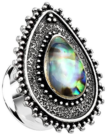 Piercingfaktor Ohr Plug Flesh Tunnel Piercing Ohrpiercing Vintage Tropfen Form mit Perlmutt Inlay Silber Blau Türkis 12mm