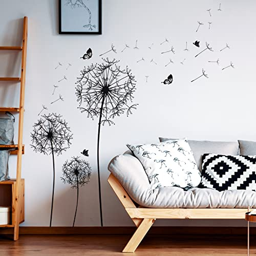 WandSticker4U®- Wandtattoo PUSTEBLUME groß schwarz (135x132 cm) I Wandsticker Blumen Aufkleber Frühling Löwenzahn Blüten Schmetterlinge I Wanddeko Wohnzimmer Schlafzimmer Küche Flur Bad XXL