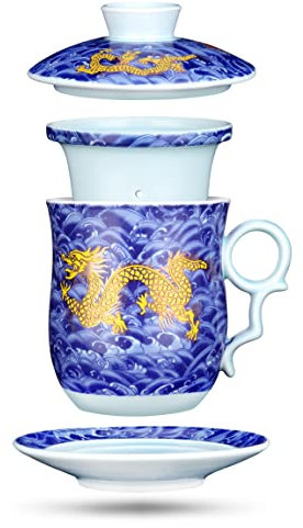 YURROAD 400ml Chinesische Teetasse, 4 in 1 Tee Becher Porzellan mit Sieb/Infusor/Deckel und Untertasse, Teetasse Chinesische Drache Muster, Teetasse mit Sieb, Chinesische Tassen mit Deckel - Blau