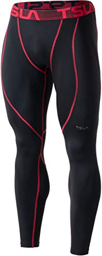 TSLA Men's Thermal Compression Pants, Athletic Sports Leggings & Running Tights, Wintergear Base Layer Bottoms, Heatlock Black & Red, X-Small