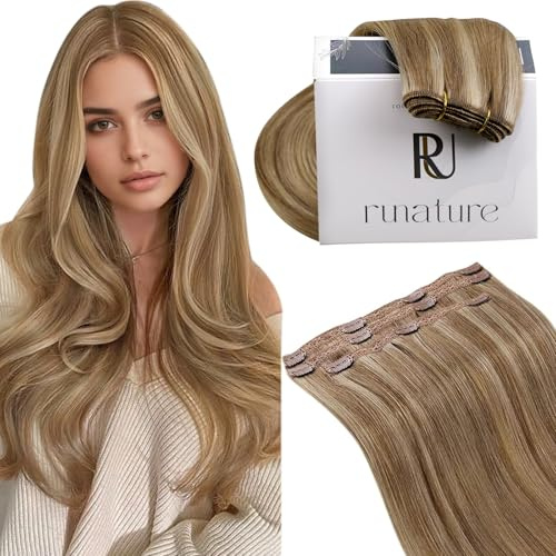 RUNATURE Clip Extensions Echthaar Braun Blond 50cm 3pcs 50g #10P16 | Echthaar Clip Extensions – Hitzebeständig, Langlebig. Remy Haar, Kein Haarausfall. Perfekt Für Langanhaltende Schönheit.