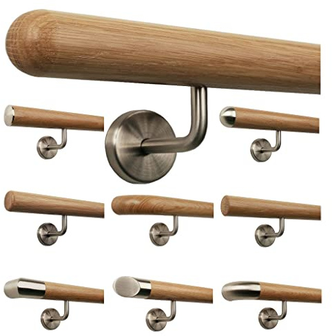 TIBU Eiche Holz Handlauf Geländer 0,3m - 6m, Länge 250 cm, Ende Halbkugel gefräst und 4 gewinkelte Halter