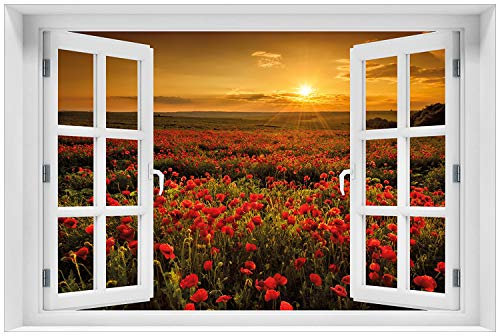 Wallario Glasbild 60 x 90 cm mit Fensterrahmen mit Fenster-Illusion: Mohnblumenwiese bei Sonnenuntergang am Abend - Wandbild mit freischwebender Optik