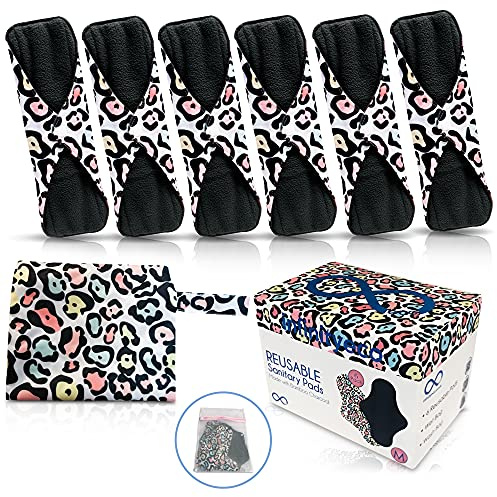Large Reusable / Washable Menstrual / Sanitary Towels / Pads (6 Pads / washbag / travelbag ) an eco Friendly Alternative Made with Bamboo Charcoal by Infinityeco - Pop Leopard (Large)