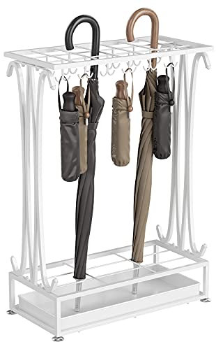 AcornFort U-23 Extra LARGE White Metal 21 Holes Rectangle Style Umbrella Stand Walking Stick Holder With 24 Hooks and a Free Bottom Rainwater Leaking Tray 70 * 50 * 24 CM