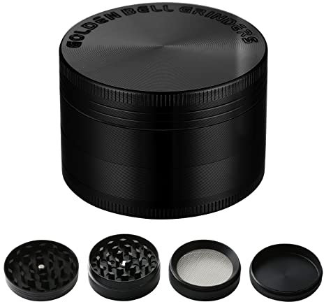 Golden Bell Grinder Crusher 4-teiliges Set Mühle mit Scraper Pollen Spice Kräuter Gewürze Herb Krautmühle als Geschenk für Vater Freund Mann (Schwarz, 2 x 1,4 Inch)