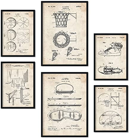 Nacnic Set von 6 Plakaten mit Basketball Patenten. Plakate mit Retro-Patentabbildungen. Inneneinrichtung im Vintage-Stil. Grösse A4 und A3. Ohne Rahmen.
