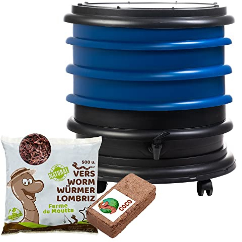 WORMbox | Lombricomposteur 3 Plateaux Bleu + 250gr de vers de Compost + 1 Bloc Coco | 48 litres | Compostez Vos déchets organiques, Les vers de Terre/lombrics produisent du lombricompost