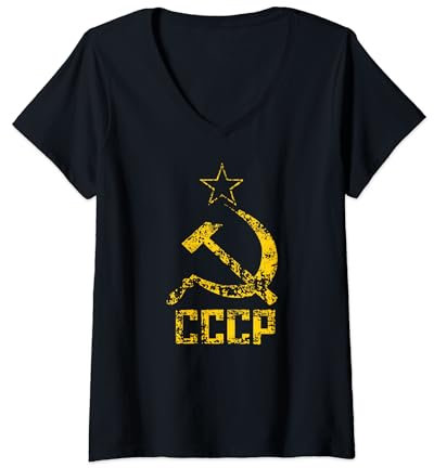 Damen Vintage CCCP T Shirt Hammer Sichel Sowjetunion Shirt Russland T-Shirt mit V-Ausschnitt