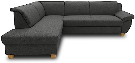 DOMO. collection Ecksofa Panama, Schlaffunktion, anthrazit | Ottomane links mit Schlaffunktion, gepolsterten Armlehnen und Holzfuß, 254 x 186 x 80 cm (BxTxH)
