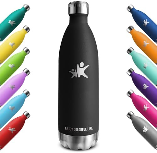 KollyKolla Edelstahl Trinkflasche 1L, Vakuum Isolierte Thermosflasche, Thermoskanne Auslaufsicher, BPA-Frei, Wasserflasche Kohlensäure Geeignet, für Uni, Schule, Büro, Sport, Reisen, Yoga, Sprudel