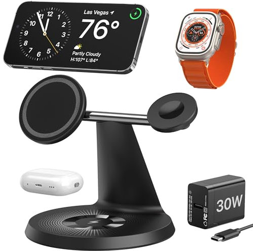 Induktive Ladestation Kompatibel mit Magsafe Ladegerät,QTlier 3 in 1 iPhone Ladestation für 16/15/14/13/12 Serie,30W Wireless Charger für Apple Watch 10/9/8/7/6/5/4/3/2/SE und AirPods 3/2/Pro(Schwarz)