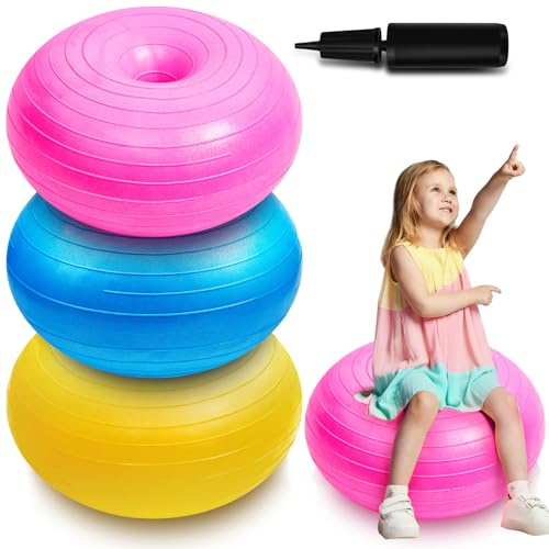 Lewtemi 3 Pcs Flexible Seating for Classroom 20 Inch Inflatable Yoga Ball Chair Large Donut Exercise Ball Chair Cushion Seat with Inflator for Kid Student Sensory Balance Home Office (Fresh Color)