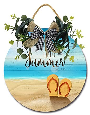 Geroclonup Hello Summer Travel Time Haustürschild, lustige Kränze zum Aufhängen, Holzschild, Dekoration, rund, rustikal, Holz, Bauernhaus, Veranda, Dekor für Zuhause, Haustür, 28,9 x 27,9 cm
