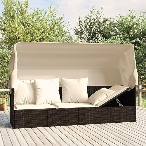 Homgoday Gartensofa, Gartensofa, Liegesofa für den Außenbereich, mit einziehbarem Baldachin, Rattan-Sofa für den Außenbereich mit braunem Kissen