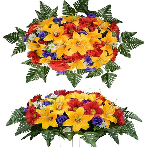 Künstliche Grabstein Blumen Sättel für Gräber, Friedhof Gedenk Blumen für Grab Grabstein Dekorationen, Lilie Rose gemischt Sattel (orangene)