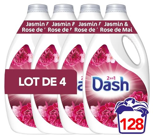 Dash 2en1 Lessive Liquide, 128 Lavages (4x32), Jasmin Et Rose De Mai, Technologie Ultra Nettoyante Et Fraîcheur Longue Durée, Élimine Les Saletés et Taches Incrustées, Fabriqué en France