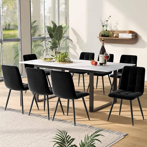 ModernLuxe Extendable Dining Table in Marble Pattern, Rectangular Kitchen Table with Iron Square Tube Legs for Home & Office, 140/180x80x75cm, White Desktop & Black Legs, 1PC