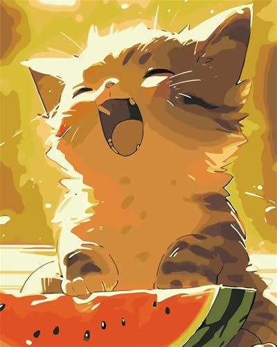 Katze isst Wassermelone Malen nach Zahlen Erwachsene DIY Handgemalt Ölgemälde Malerei auf Leinwand Kinder Anfänger Malsets mit Pinseln Acrylic Paint by Numbers Kits Haus Wand Decor 60x75cm,ohne Rahmen