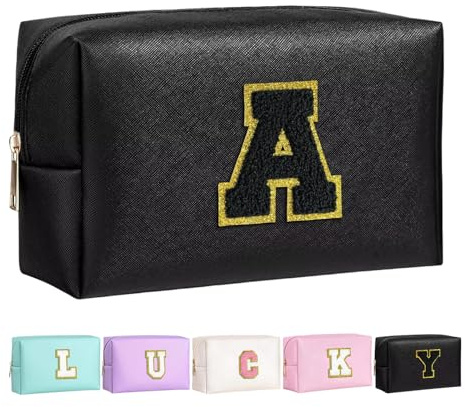 Make-up Tasche für Mädchen und Frauen, personalisierte Make-up Taschen mit Initialen wasserdichter PU Leder Reißverschluss Kulturbeutel Kosmetiktasche