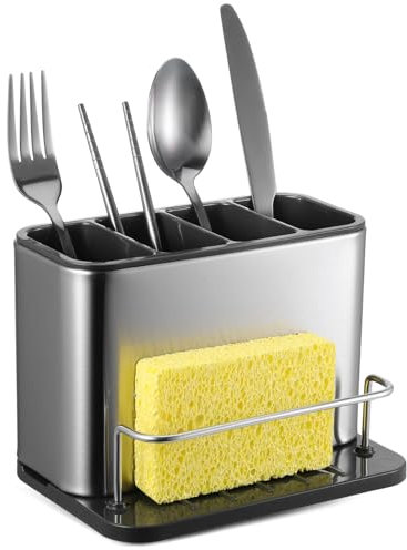 Luxshiny Stainless Steel Utensil Holder with Drainage, Multi-Compartment Cutlery Drainer for Kitchen Countertop, Compact Organizer for Chopsticks and Tableware Storage