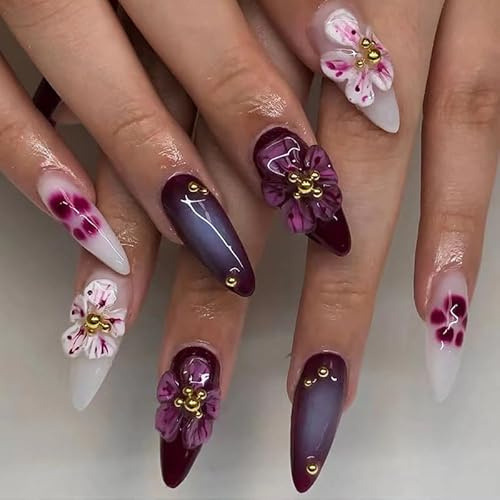 Kaiperala 30pcs Medium Almond False Nails Dark Red Ombre Press on Nails 3D Flower Pattern Stick on Nail Removable Glue on Acrylic Fake Nail Tips Halloween Punk Accessories & Gifts for Women