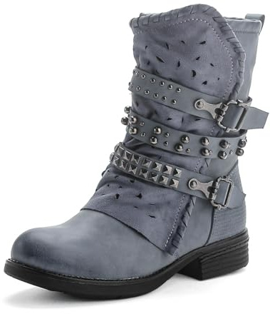 Pogolino Damen Stiefeletten Nieten Biker Boots mit Reißverschluß flach bequem Stiefel ST016