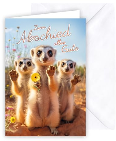 KE - Liebenswerte Karte zum Abschied von Kollegen, Familie, Freunde, inklusive Umschlag Format B6, Motiv: winkende Erdmännchen - Zum Abschied Alles Gute