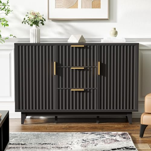 47.2 W Storage Cabinet with 3 Drawers, Fluted Buffet Cabinet with Storage, Large Sideboard with 2 Door, Modern Mid Century TV Stand Coffee Bar Cabinets for Living Room, Kitchen, Entryway