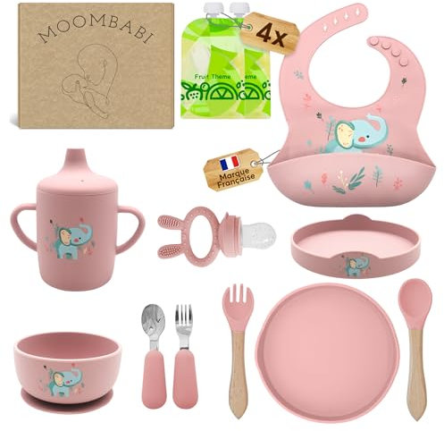 MOOMBABI Coffret repas Bebe fille, Assiette bebe ventouse antiderapante, Set Repas bebe, bol ventouse,kit cuillère bebe, bavoir silicone, couverts bébé, 4 Gourde compote Reutilisables, lot de 13