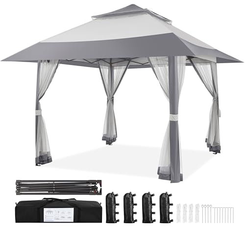 Yaheetech Pop Up Gazebo w/Sides, 4x4m Outdoor Instant Patio Canopy Shelter w/Mesh Netting, Waterproof Garden Gazebo w/Sandbags for Patio, Backyard, Wedding, Party, Double Top, Light Grey & Dark Grey