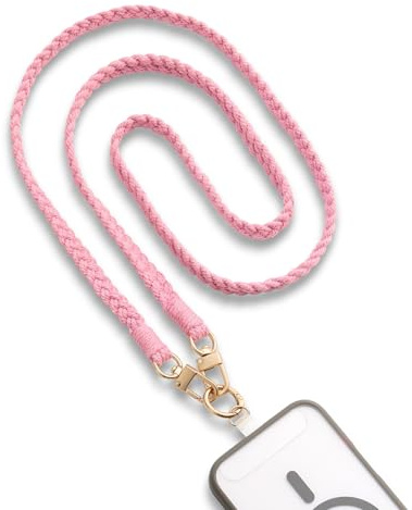 MORSUNBELA Handykette Handyband zum Umhängen Geflochten 124 cm Rosa | Baumwollschnur im Makramee-Stil, ideal zum Fotografieren, Arbeiten und Einkaufen, hält Ihr Smartphone griffbereit