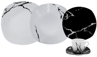 Omniacasa Servicio de platos de porcelana resistente, juego de 31 piezas para 6 personas, diseño mármol color blanco y negro con tazas de café, apto para lavavajillas, idea regalo