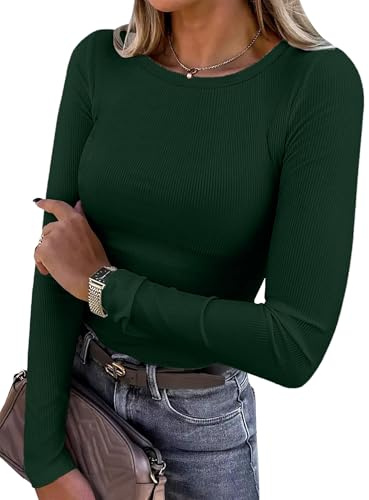 Women Long Sleeve Shirts Rib Knit Slim Fit Tops Basic Tee 2026 Fall Outfits Casual CrewneckT-Shirt Y2k Clothes Dark Green