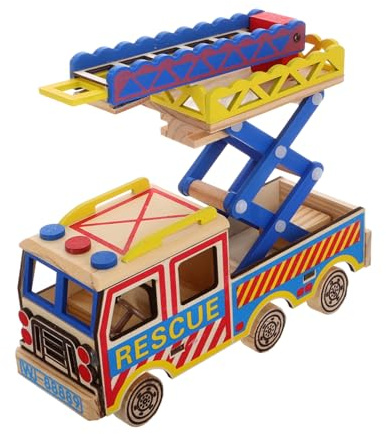 BESPORTBLE Buntes Holzspielzeug Feuerwehrwagen mit Beweglichem Leiteraufbau für Kleinkinder Kreatives Spielzeugauto Handgefertigtes Modell Vielseitig Einsetzbar Dekoration