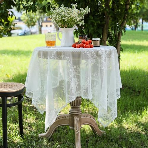 YongXinMY Tovaglia in pizzo bianco – tovaglia vintage floreale ricamata shabby chic antipolvere stile country tavolo per sala da pranzo tavolino da tè festa di nozze decorazione per la casa (140 x 180