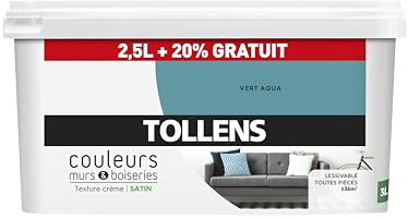 Tollens Peinture Couleurs - Ultra résistante Couleurs murs et boiseries - Satin - Vert Aquatique - 2,5L+20%