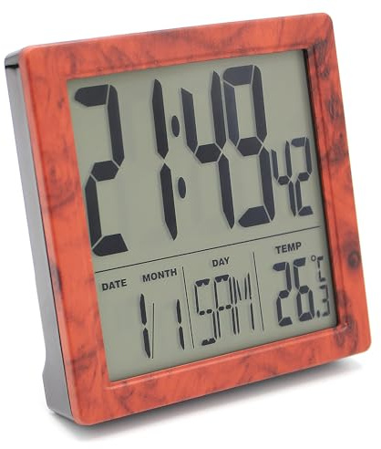Fishtec RCC - Sveglia radiocomandata con lente d'ingrandimento di olmo, doppia sveglia e funzione Snooze, retroilluminazione tattile, visualizzazione data, giorno e temperatura, 7 lingue, passaggio