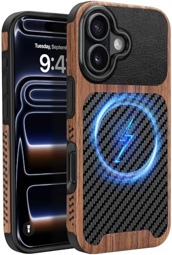 ZZDZZ Coque Magnétique pour iPhone 17 [Compatible avec MagSafe] Étui de Cuir en Bois et Carbone Protection Antichoc Housse pour iPhone 17 - Noir