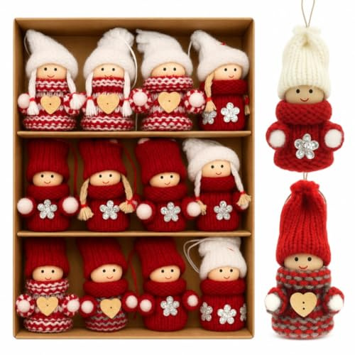 MIJOMA Set med 12 jultomtar – handgjorda trädekorationer av trä och tyg – dekorativa tomtar för gran adventskrans, presentetiketter (tomtebarn med mössa)