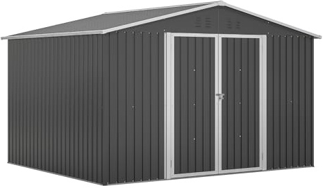Gartenhaus Metall 289x239x191 cm, 13,2 m³ Gerätehaus mit Fundament & Satteldach, Wetterfester Gartenschuppen für Fahrrad & Gartengeräte, Schwarz