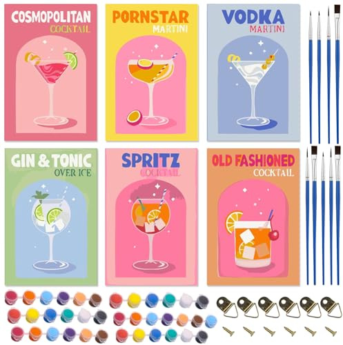 DAZZTIME Måla efter siffror för vuxna, 6 stycken retro cocktailmålning efter siffror 20 x 30 cm, olja på duk, med färger och penslar, för heminredning