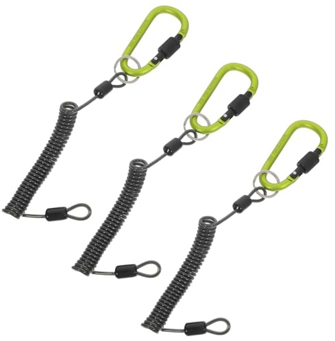 BIUDECO Lot de 3 Cordons Rétractables en Acier Inoxydable 15 M Dragonnes Spiralées Vertes avec Pince à Ressort pour Outils et Accessoires de Pêche Système Anti-Perte Sécurisé pour Bord