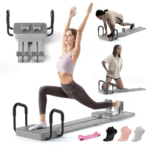 Lerpio Pilates Reformer Board with 66.9'' Extended Track, Portable Pilates Reformer Machine with 3 Pairs Yoga Sock, Quick Assembly, Pilates Ski Machine for Home Workout (Gray)