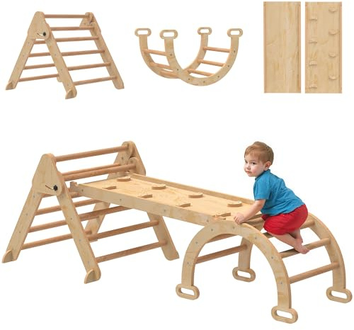 AIYAPLAY 7-in-1 Montessori Klettergerüst Indoor, Faltbar, Naturholz | Holz Kletterdreieck mit Rutsche, Bogen, Spielplatz für Kinder von 1,5-4 Jahre