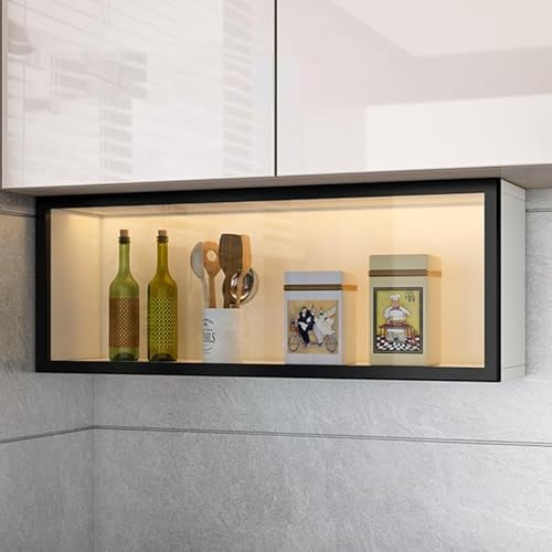 Wandmontierter beleuchteter Glasvitrine, grau/weiß, Speisekammeraufbewahrung mit verstellbaren Regalen und Türen, bohrfreie Installation für Küche und Esszimmer, 80 cm