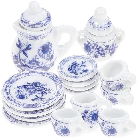 Didiseaon Juego de Té Miniatura 15 Piezas de Cerámica Azul Decorativa para Casas de Muñecas, Accesorios para Mini Casas y Vajilla en Miniatura, Set de Té Pequeño para Decoración y Juegos