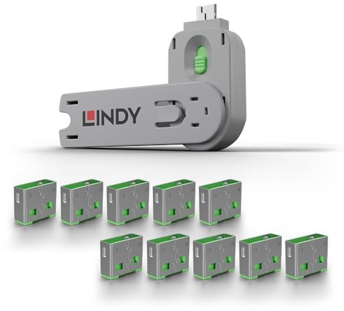 Lindy USB Type A Port Blocker- Pack of 10 Blockers + Key, Green