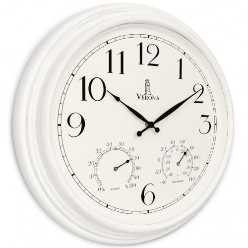 Orologio da esterno per patio, impermeabile, con termometro, bianco, 45,7 cm, per interni ed esterni, con combinazione di temperatura e umidità, resistente alle intemperie, preciso e facile da leggere