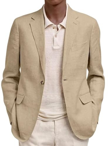 HUIANGLIYG Blazer Homme en Lin Veste Légère À Un Bouton, Veste de Sport Décontractée À Revers Cranté, Veste de Sport Décontractée avec Poches pour Le Quotidien